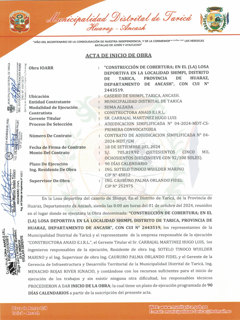 Acta de Inicio de Obra | PDF