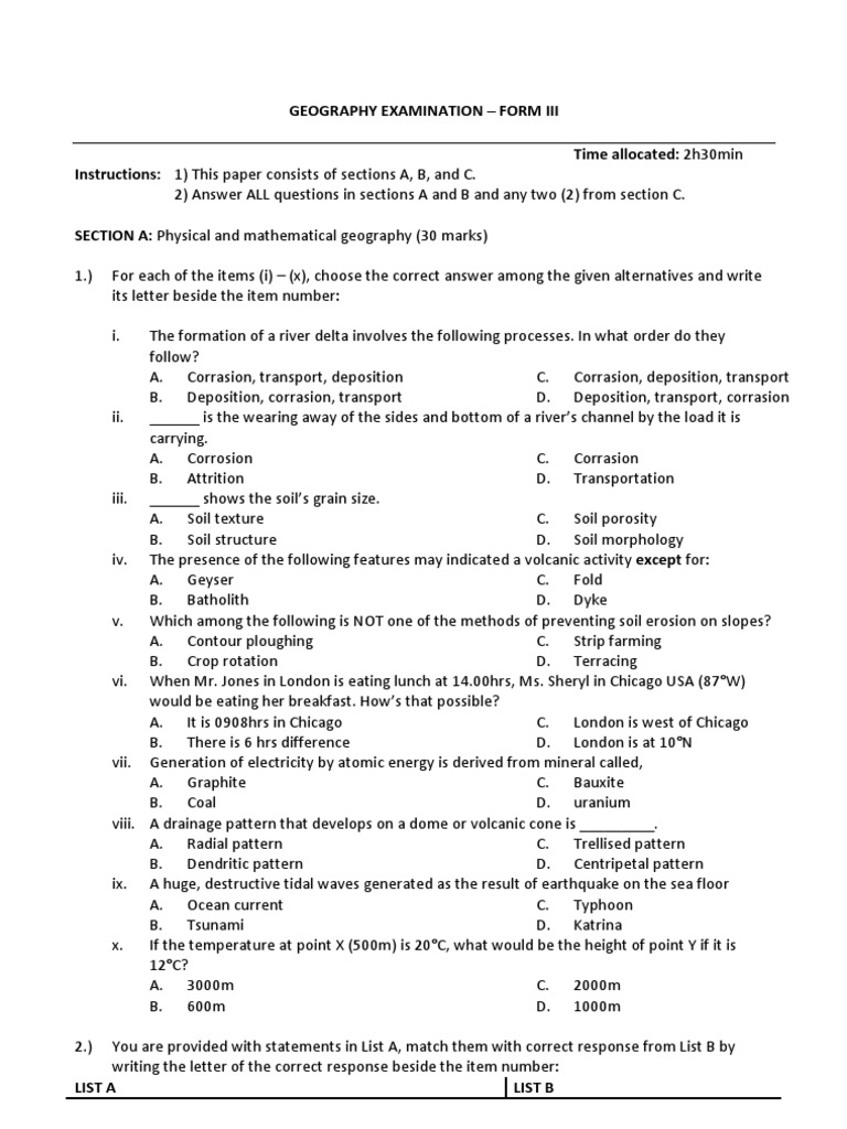 Geography Paper for Form 3 Map Soil