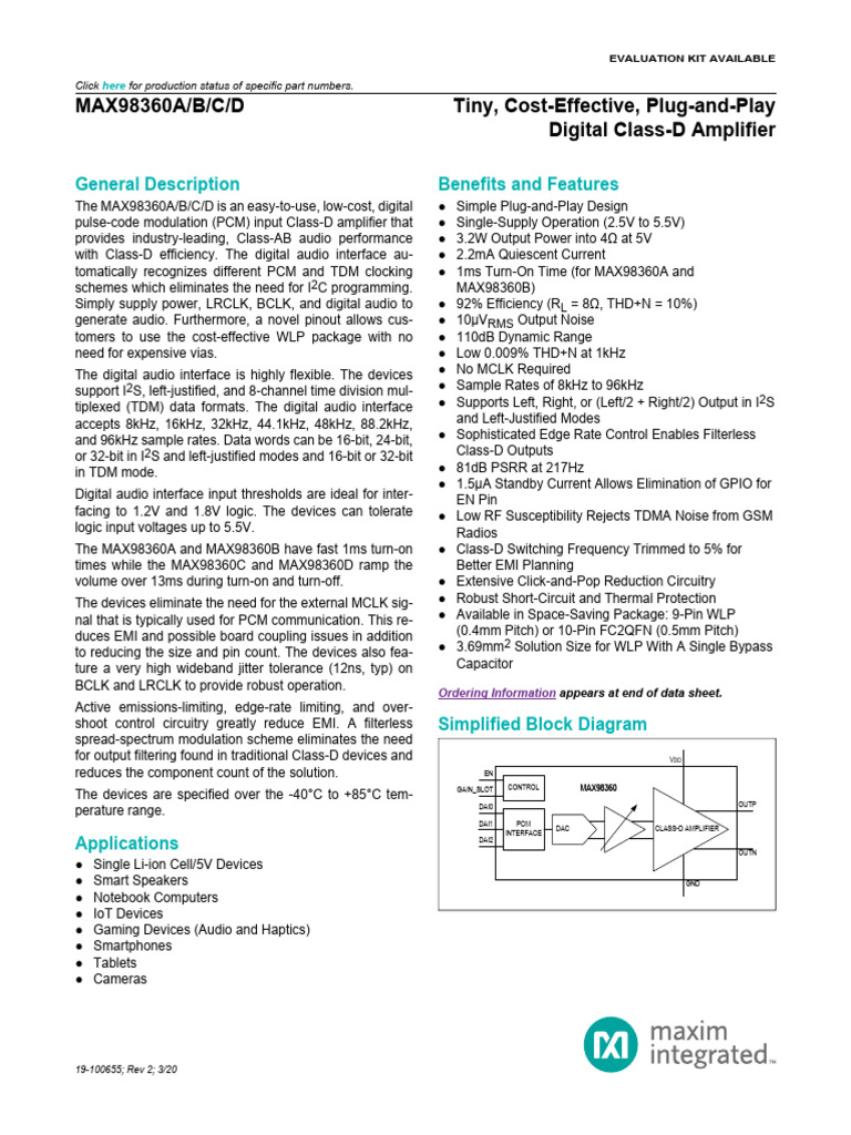 Maxim MAX98360A Datasheet Rev2 | PDF | Amplifier | Telecommunications ...