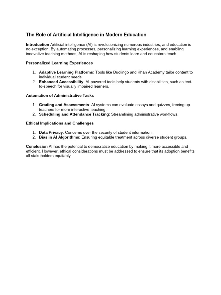The Role of Artificial Intelligence in Modern Education | PDF