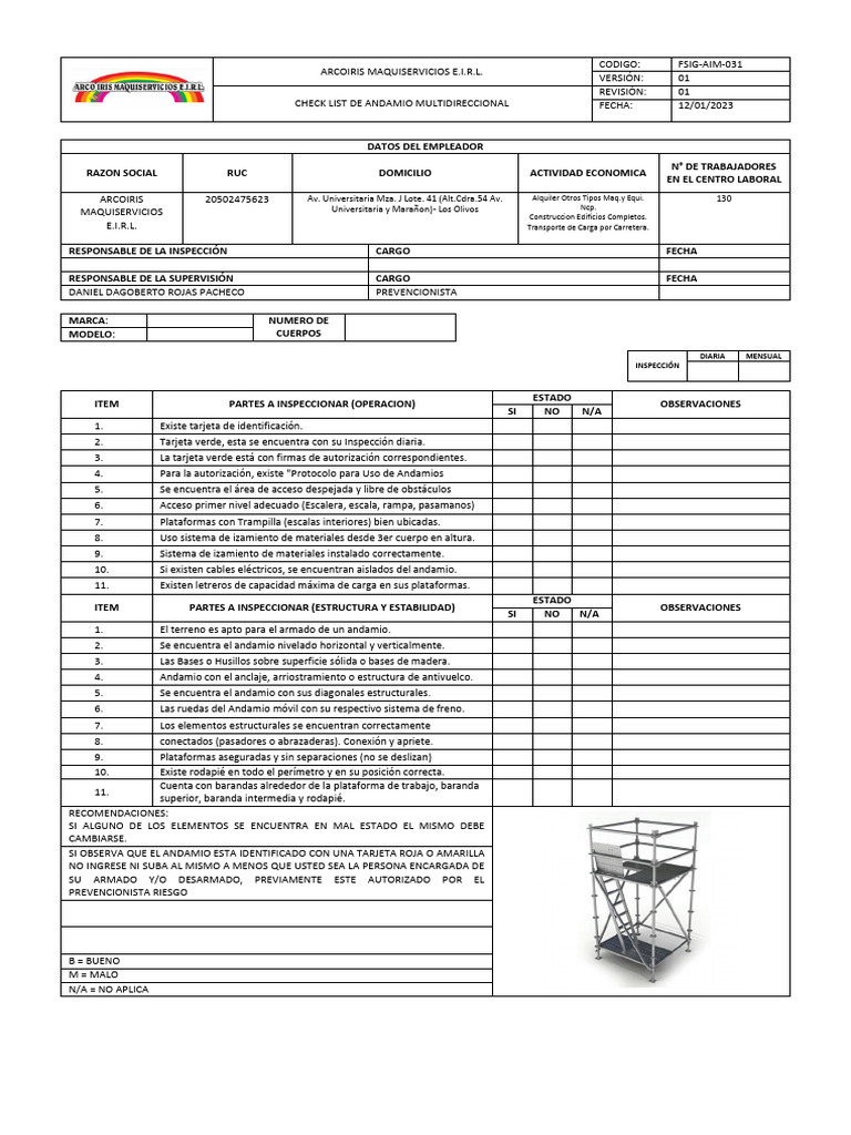 FSIG-AIM-031 - Checklist de Andamio Multidireccional | PDF | Andamio