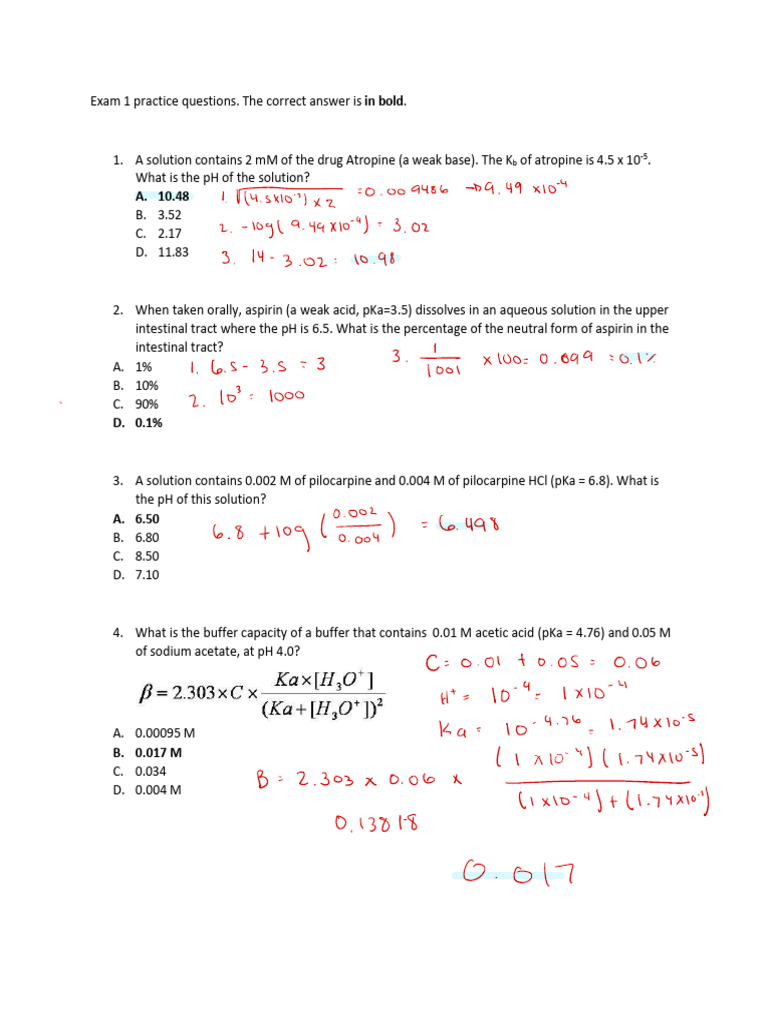 Exam+1+Practice+Questions | PDF | Acid Dissociation Constant | Buffer ...