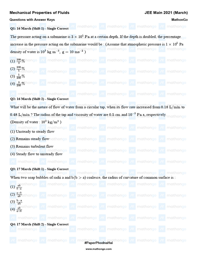 JEE Main 2021 Fluid Mechanics Questions | PDF | Fluid Dynamics | Pressure