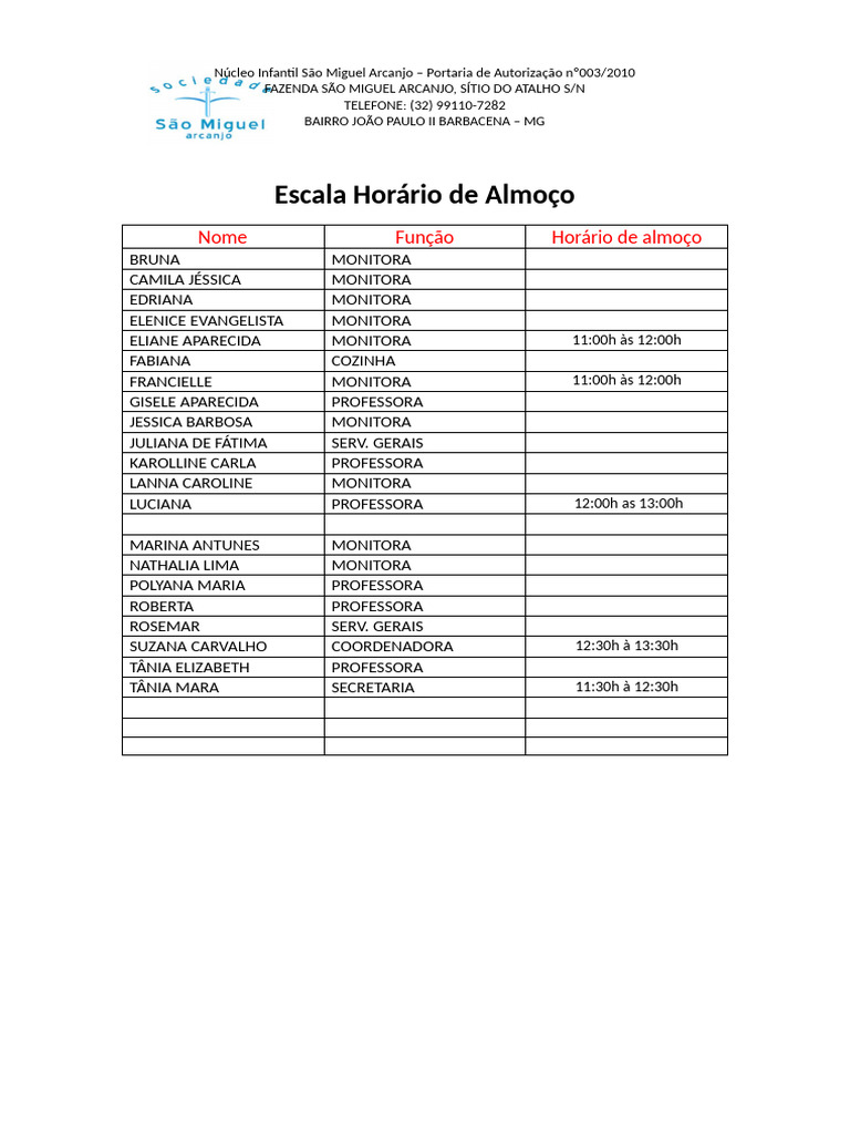 Escala de Horário de Almoço - Núcleo Infantil | PDF