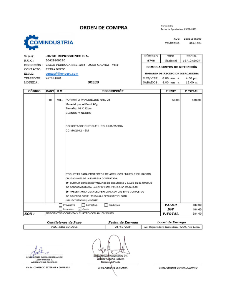 Orden de Compra y Condiciones de Pago | PDF | Economias