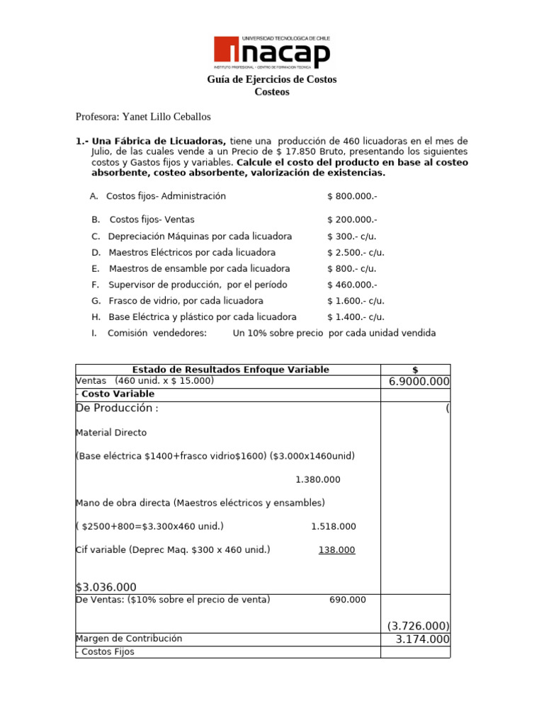 Guía de Ejercicios de Costos, COSTEOS | PDF | Estado de resultados ...