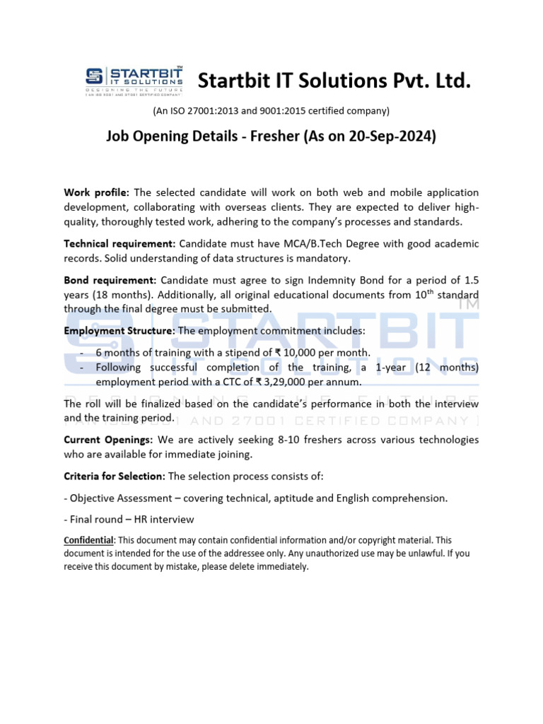 Job - Description - Fresher Sep2024 | PDF