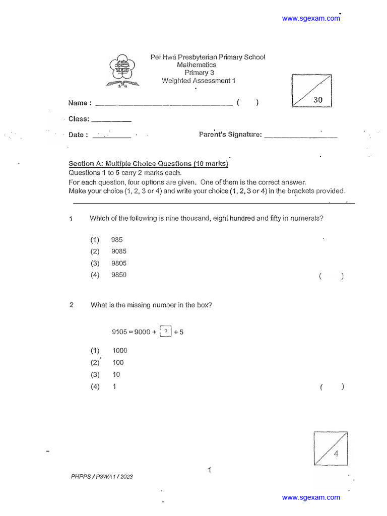 2023-P3-Maths-Weighted Assessment-Pei Hwa | PDF