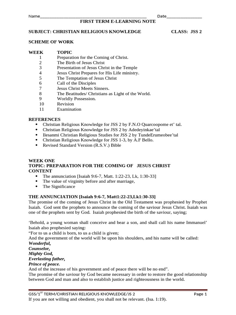 1st Term j2 Christian Religious Knowledge | PDF | Jesus | John The Baptist