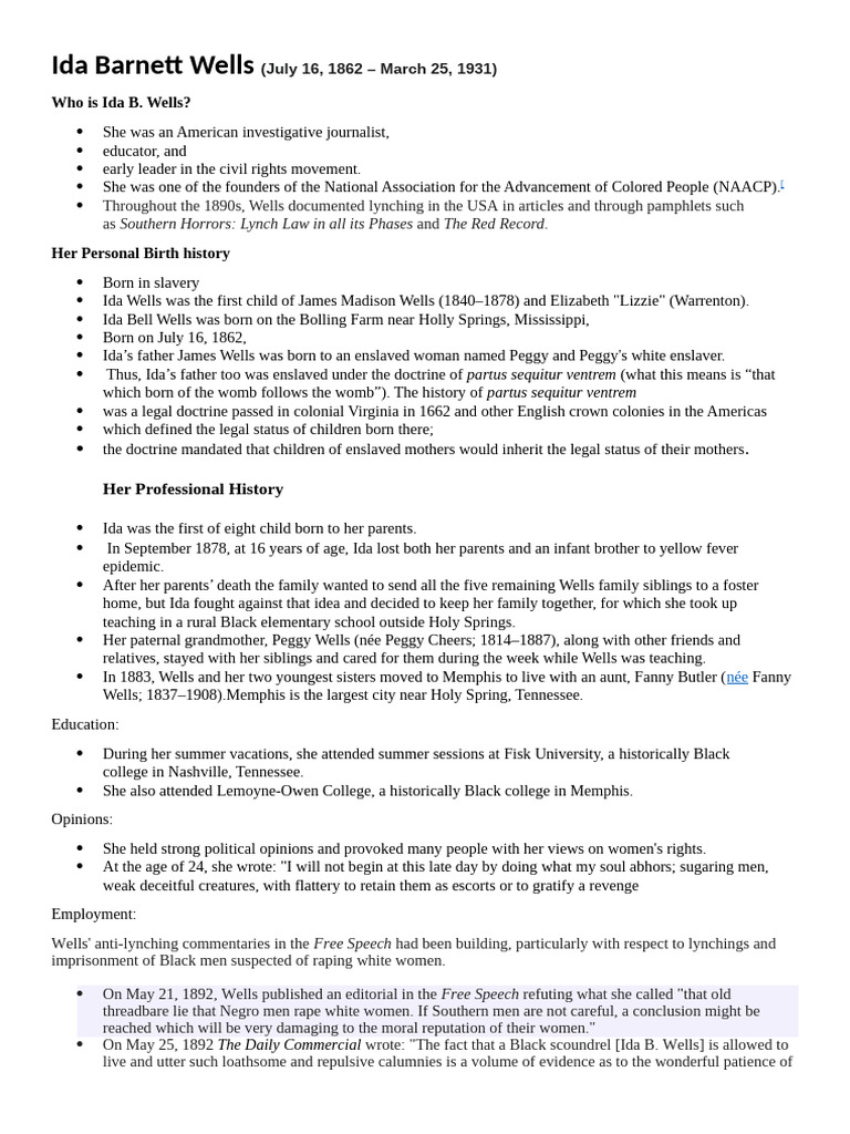 Informational Handout On Ida Barnett Wells | PDF | Society Of The ...