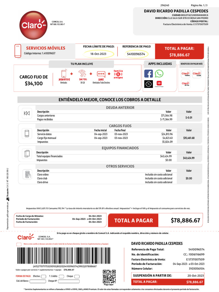 Factura Electrónica Comcel: $78,886.67 | PDF | Pagos | Economias