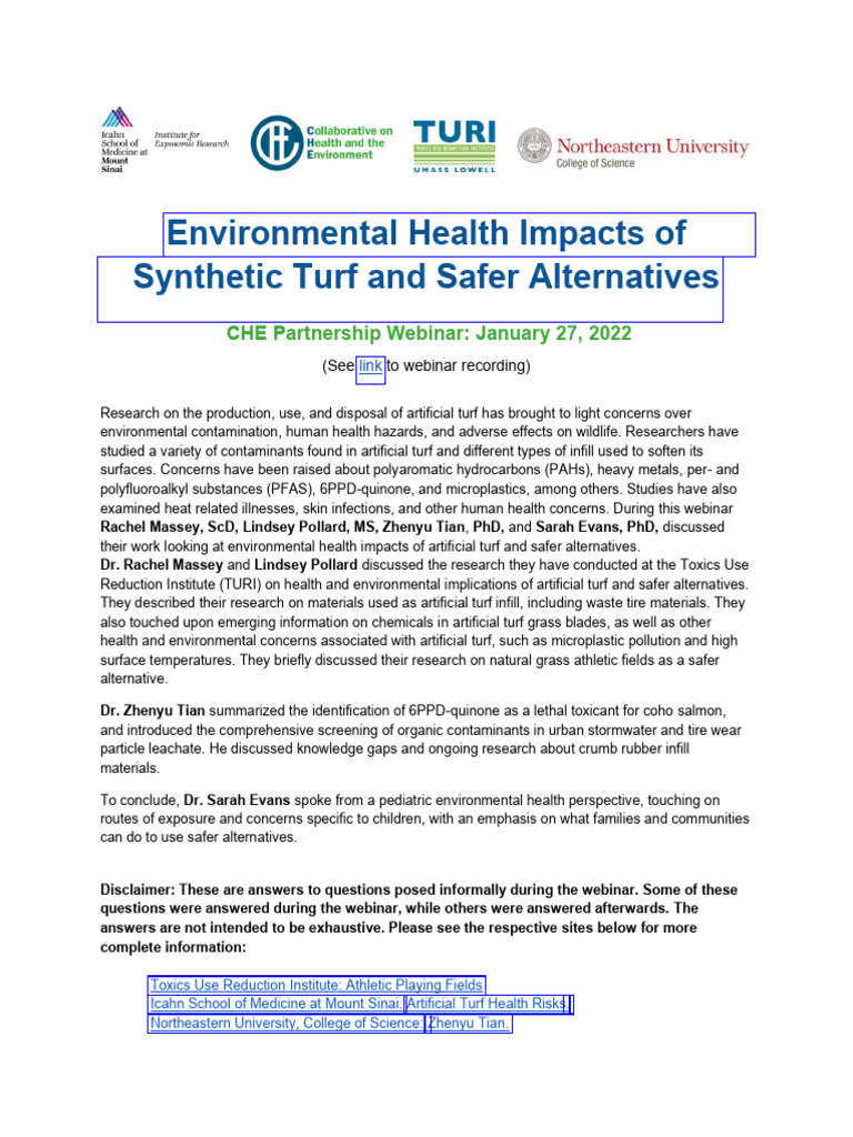 Environmental Health Risks of Synthetic Turf | PDF | Lawn | Epidemiology
