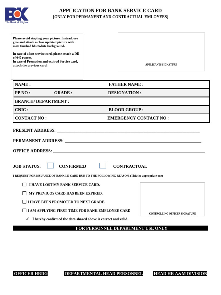 Bank Service Card Application Form | PDF
