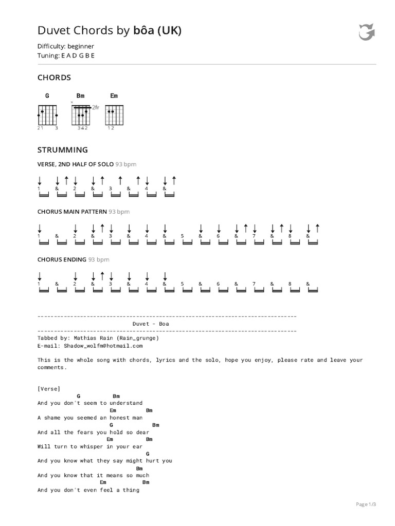 Duvet Chords by bôa (UK) | PDF | Song Structure | Songs
