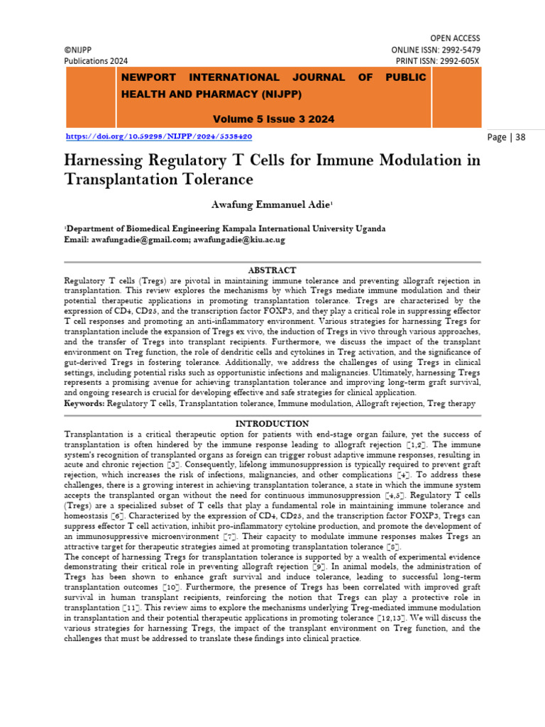 Harnessing Regulatory T Cells For Immune Modulation in Transplantation ...