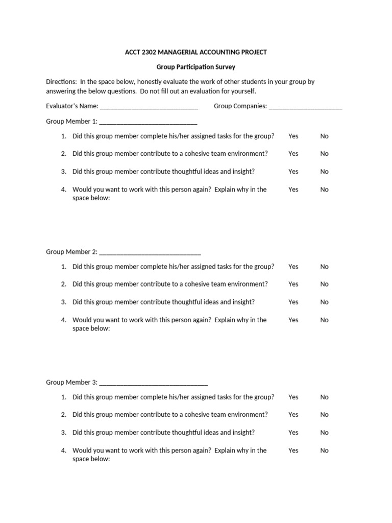 Project Group Participation Survey Pdf Business