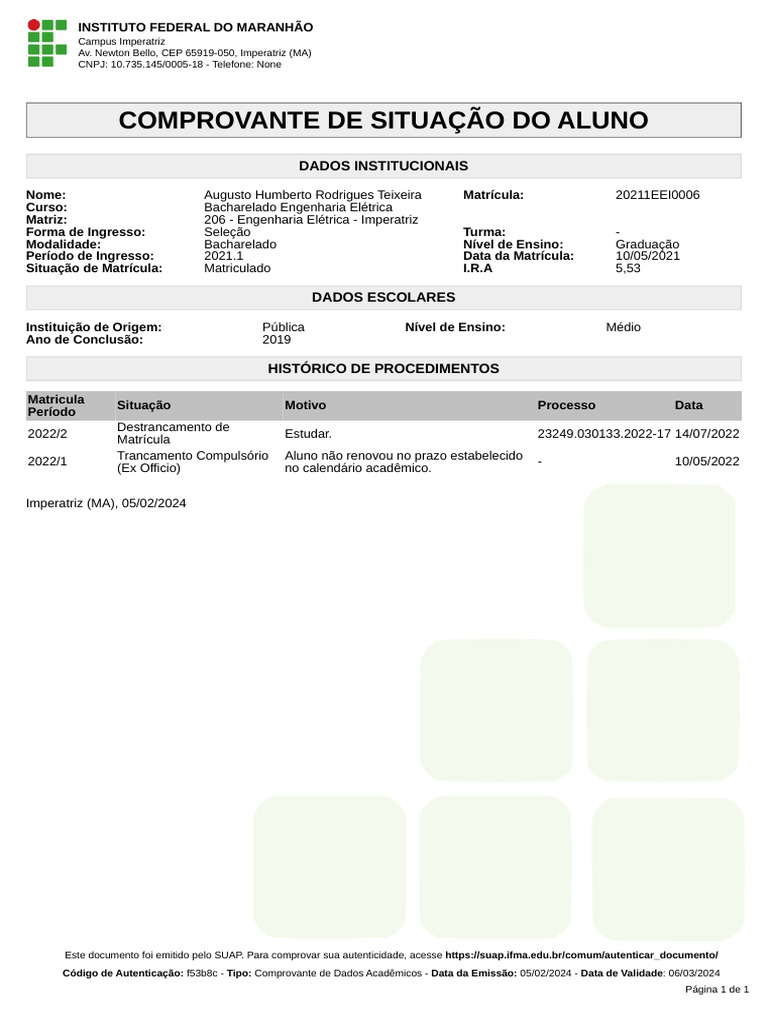 Comprovante de matrícula | PDF