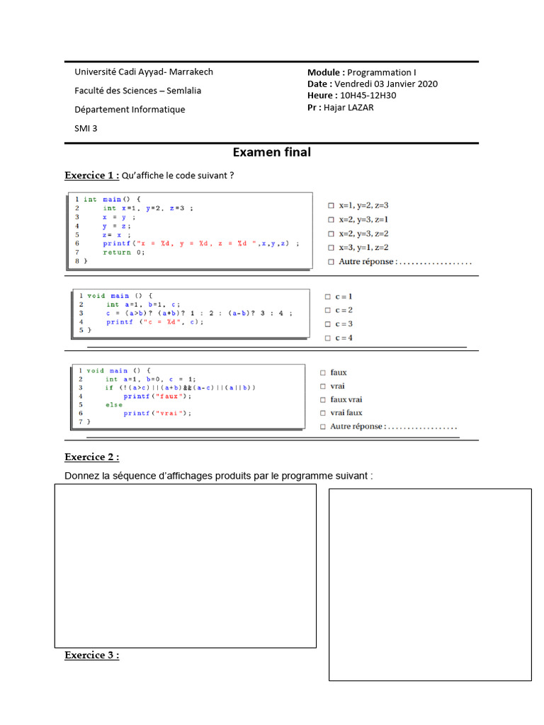 Examen de Programmation I - Hajar Lazar | PDF | Programmation ...