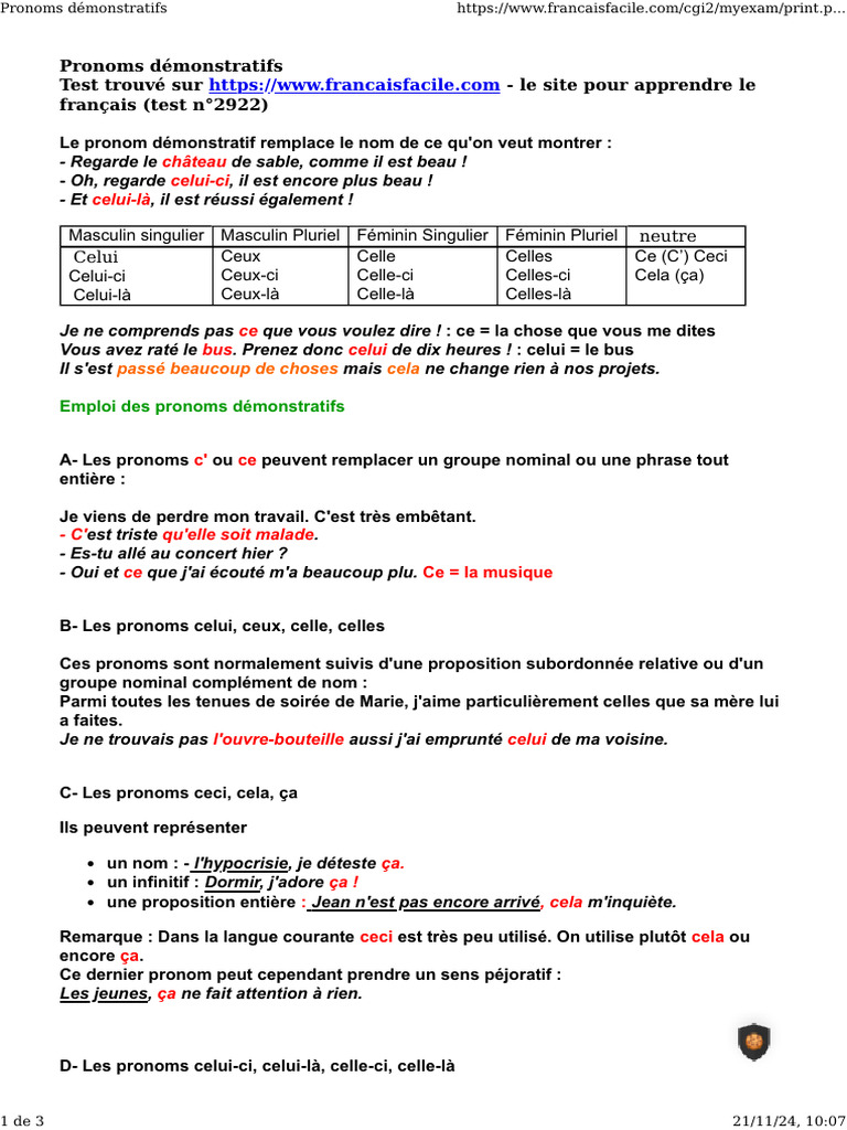 Guide sur les pronoms démonstratifs | PDF | Pronom | Genre grammatical