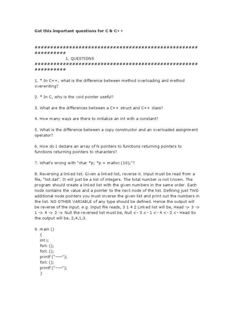 Comprehensive C and C++ Questions: Methods, Data Structures, Object ...