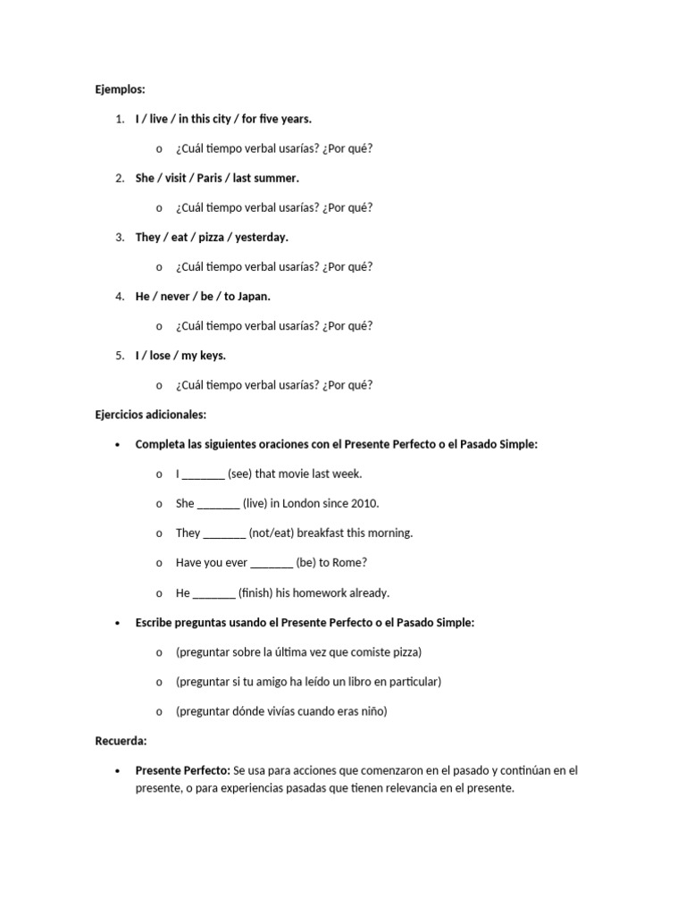 Ejercicios de Presente Perfecto en Inglés | PDF