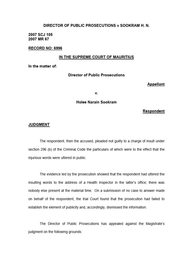 DPP v Sookram: Insult Charge Appeal | PDF | Prosecutor | Judgment (Law)