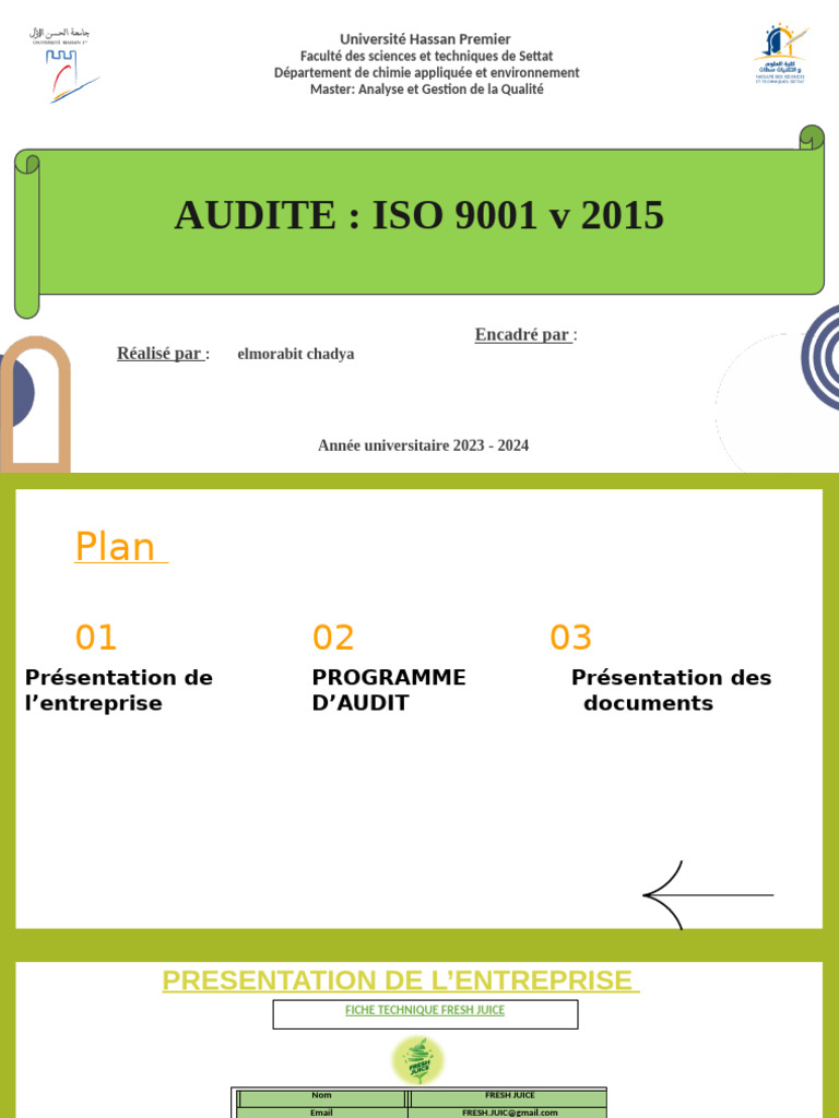 Audit ISO 9001: Présentation Fresh Juice | PDF | Audit | Business