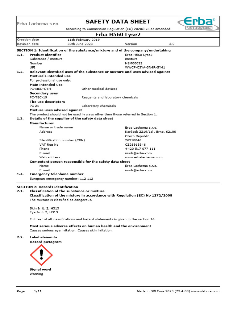 Erba H560 Lyse2 Safety Data Sheet | PDF | Chemical Substances | Safety