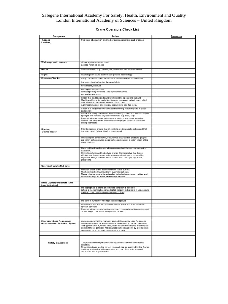 Crane Operators Safety Checklist Guide | PDF | Crane (Machine ...