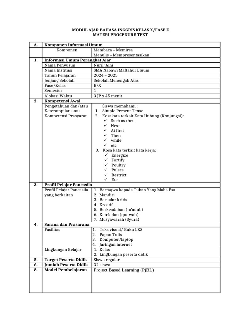 Modul Ajar Procedure Texts unit 4 X B | PDF
