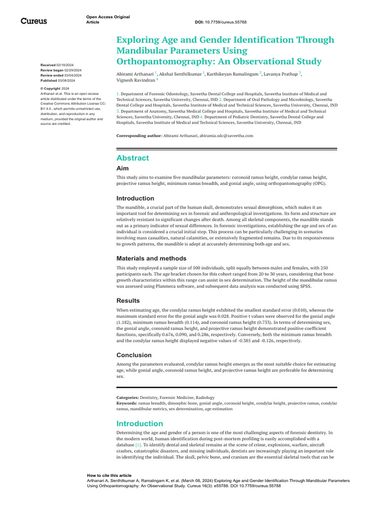 Mandibular Metrics for Age and Gender Identification | PDF | Errors And ...