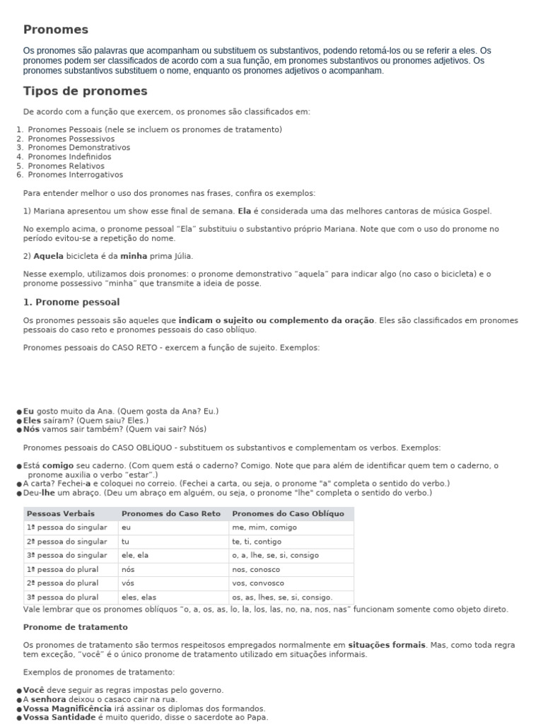 Tipos e Usos de Pronomes na Língua Portuguesa | PDF | Pronome | Plural