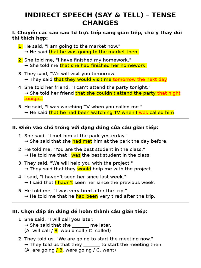 Indirect Speech: Say & Tell Rules | PDF | Vietnam