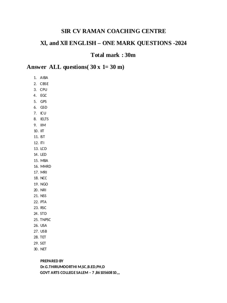 11th English One Mark Questions 2024 | PDF