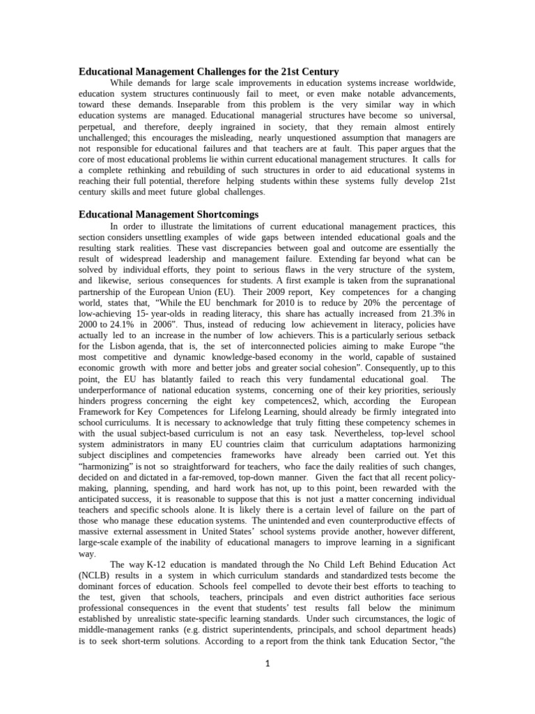 Educational Management Challenges for the 21st Century | PDF | No Child ...