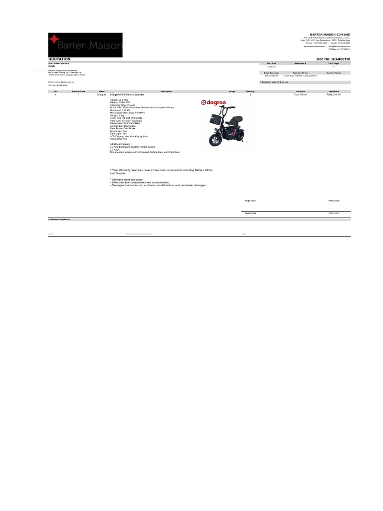 Electric Scooter Quotation | PDF | Vehicle Technology | Land Vehicles
