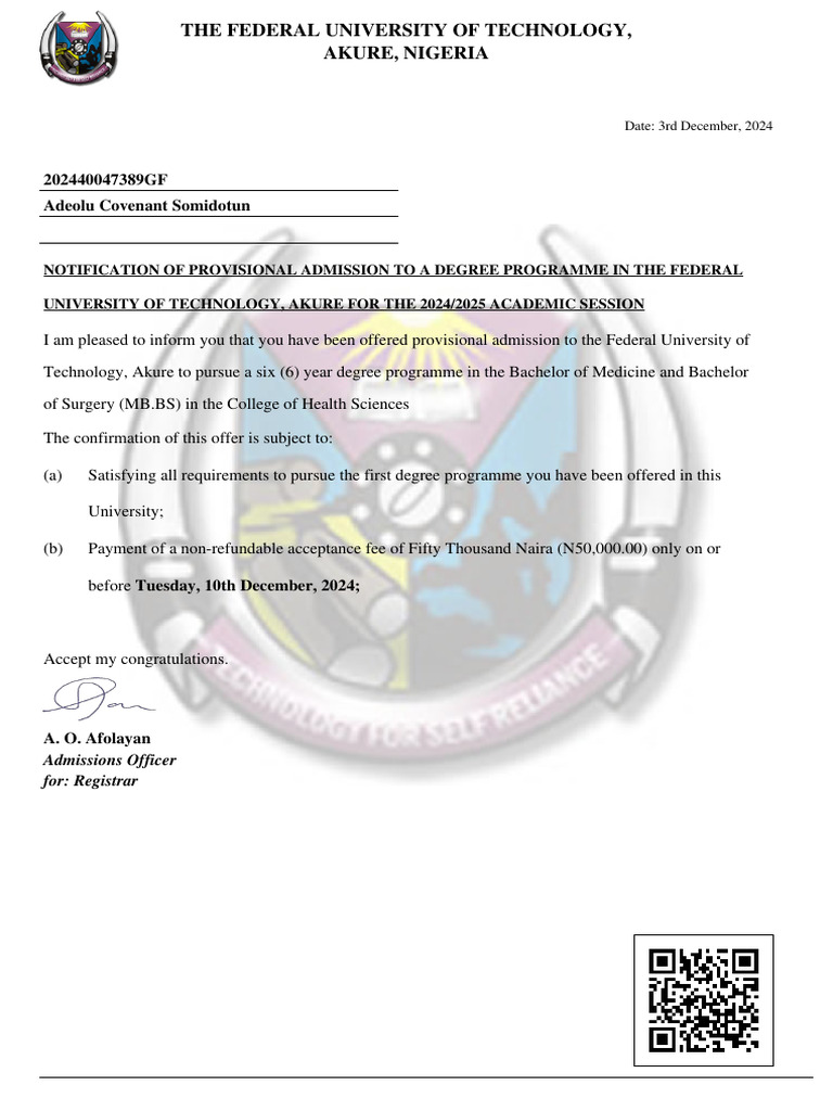 Adeolu Covenant Somidotun Admission Letter | PDF