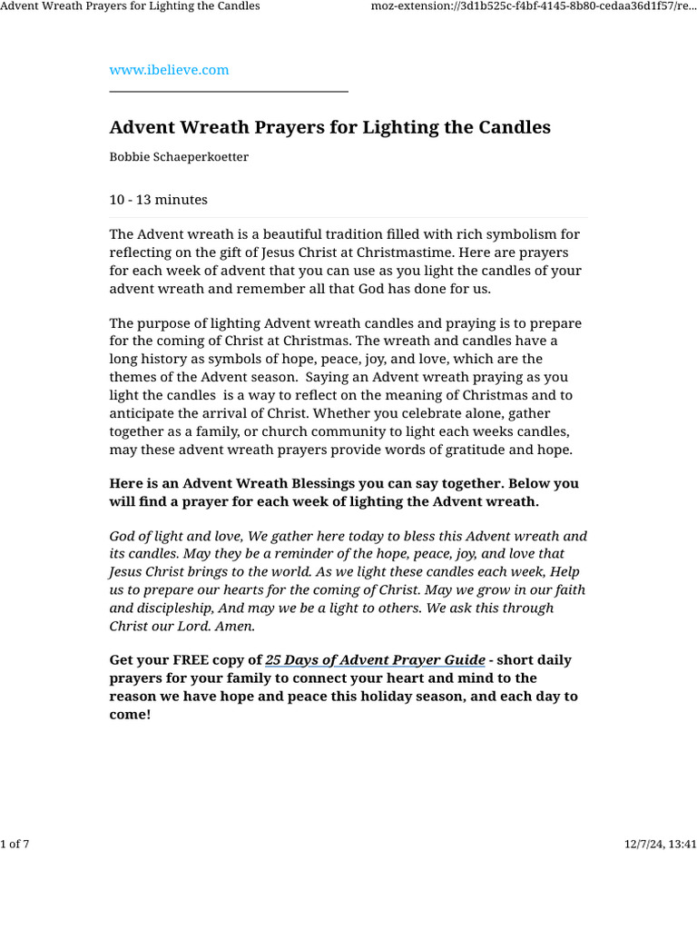 Advent Wreath Prayers For Lighting The Candles Pdf Advent Jesus