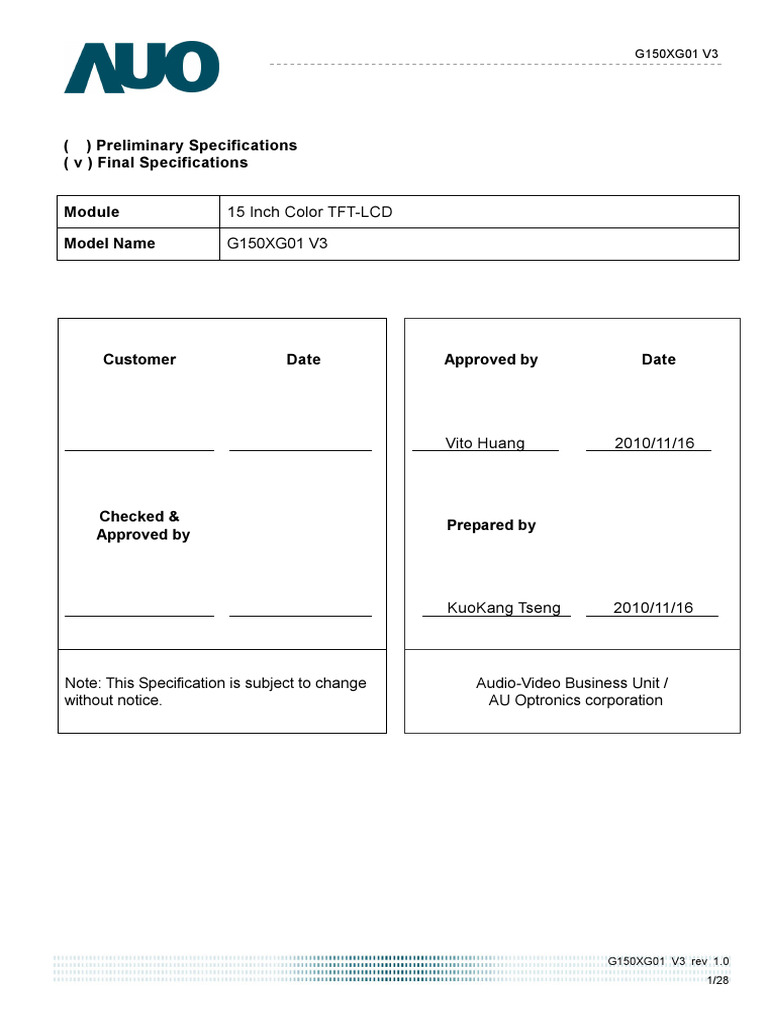 AUO G150XG01 - V3 - 101116 (Final) | PDF | Electronics | Electrical ...