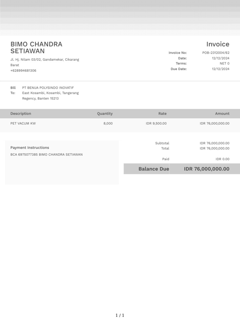 Invoice for PT Benua Polysindo | PDF