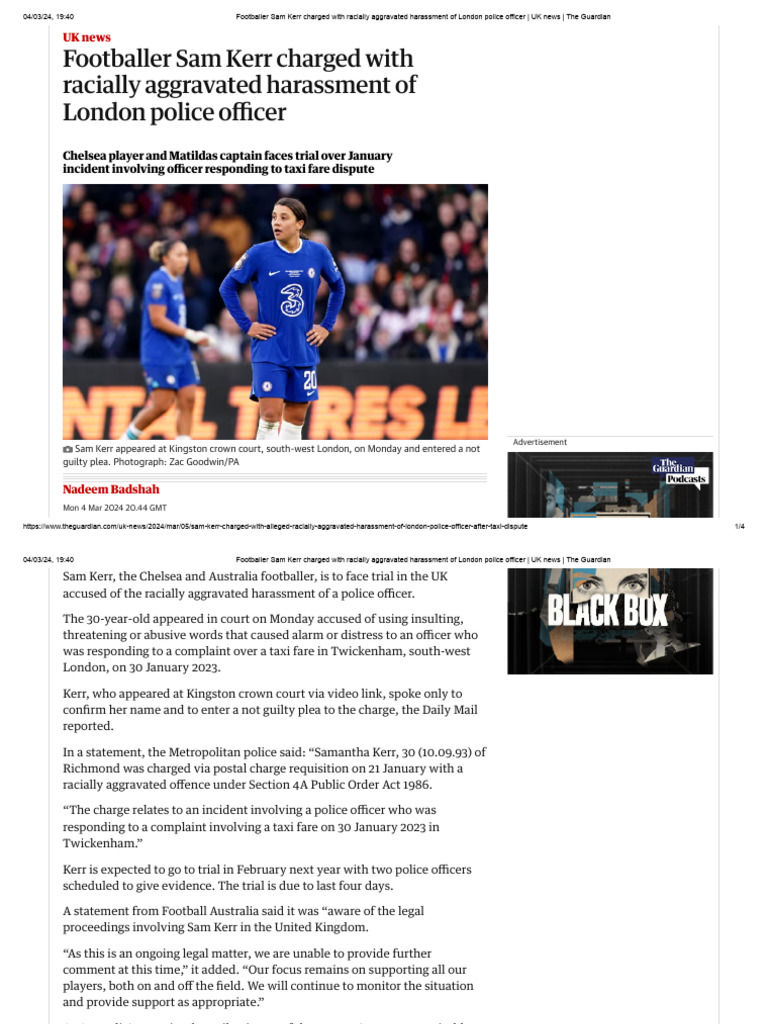 Footballer Sam Kerr Charged With Racially Aggravated Harassment of