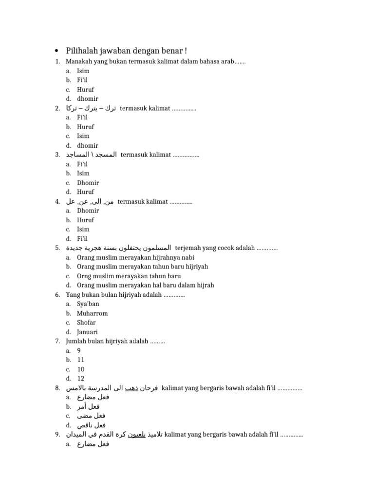 Soal Bahasa Arab Kelas 9 Semester 1 | PDF