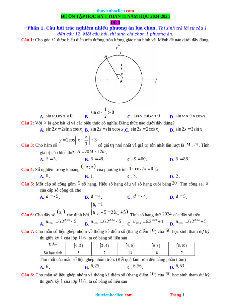 De On Tap HK1 Toan 11 KNTT de 3 | PDF