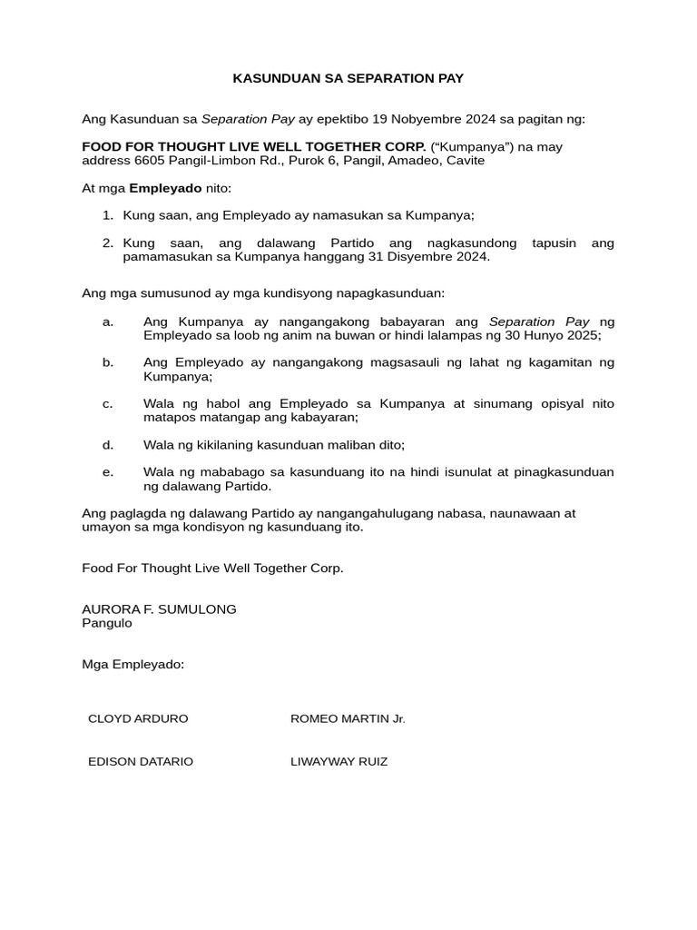 SEPARATION PAYMENT AGREEMENT FFT | PDF