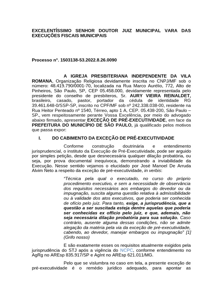 Exceção de Pré-Executividade em Execução Fiscal | PDF | Sentença ...