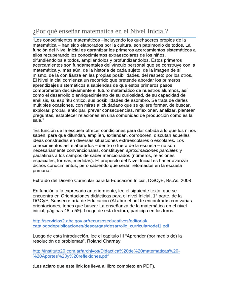 Por Qué Enseñar Matemática en El Nivel Inicial | PDF | Educación de la ...