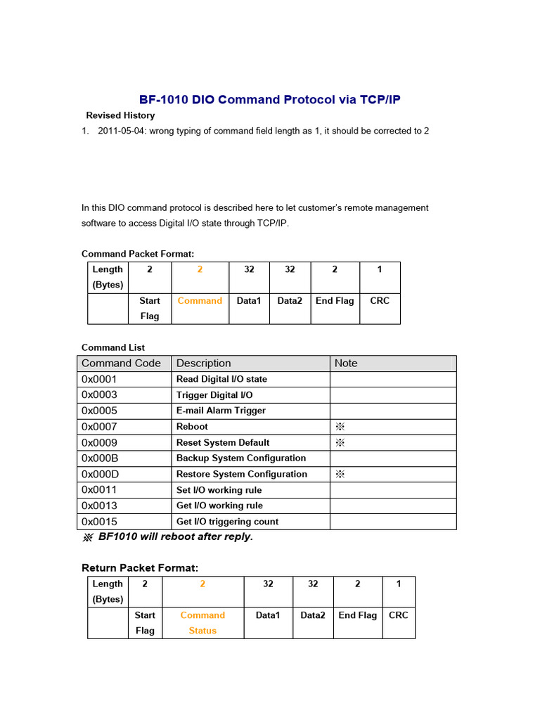 ACCESS BF-1010 DIO Command Protocol Via TCPIP | PDF | Transmission ...