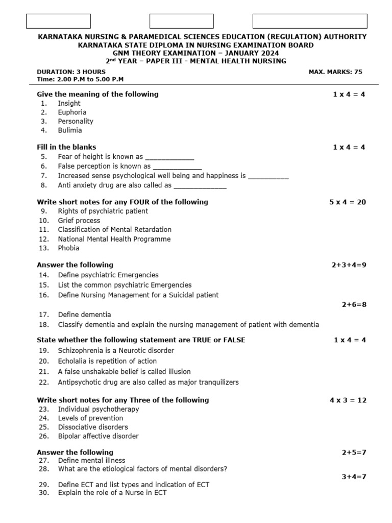 GNM 2nd Year Mental Health Nursing Exam 2024 | PDF | Mental Disorder ...