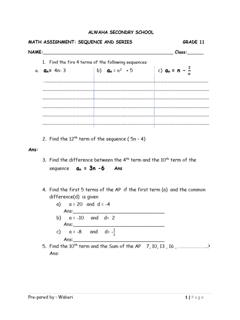 Grade 11 Math Assignment: Sequences & Series | PDF | Mathematics ...