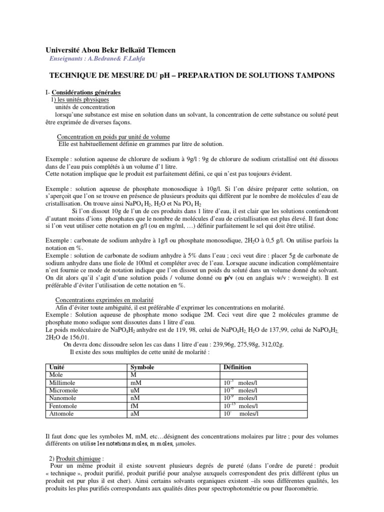 Mesure du pH et solutions tampons | PDF | Concentration molaire | Ph